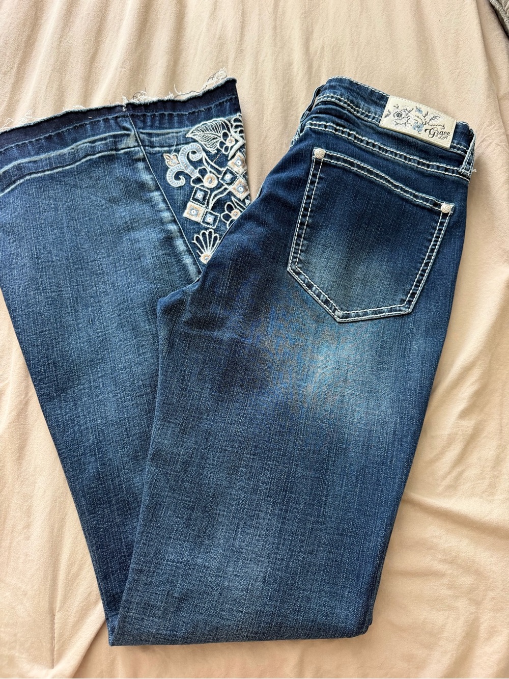Grace in LA Dark Blue Embroidered Boot Cut Jeans